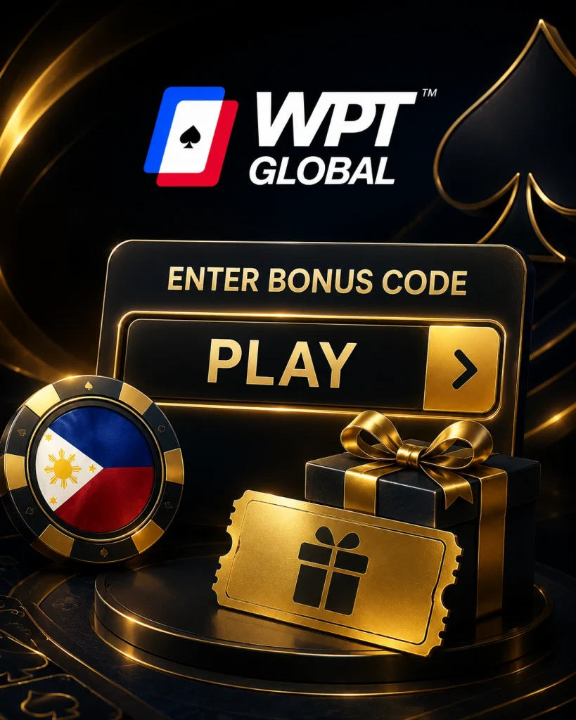 WPT Global bonus code interface with PLAY button, Philippine flag chip, gift box and ticket.