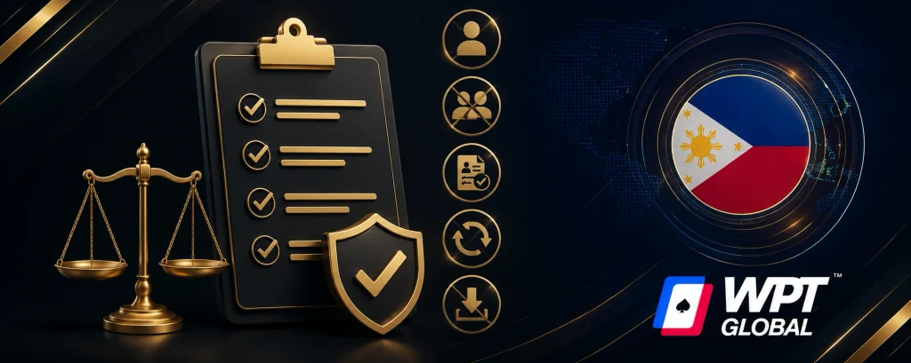 WPT Global bonus terms with checklist, scales, security shield, policy icons and Philippine flag.