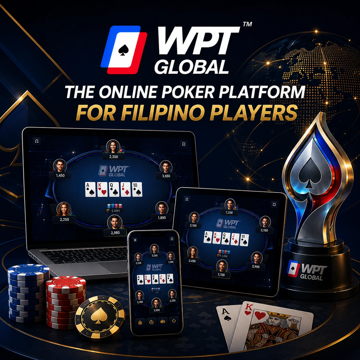 WPT Global online poker platform featuring a laptop, tablet, smartphone, poker games, chips and a global spade trophy.