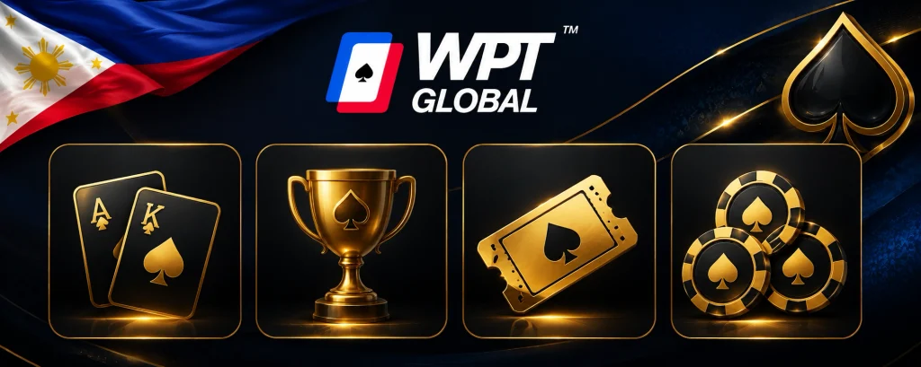 WPT Global poker formats with cash game cards, tournament trophy, ticket, chips and Philippine flag.