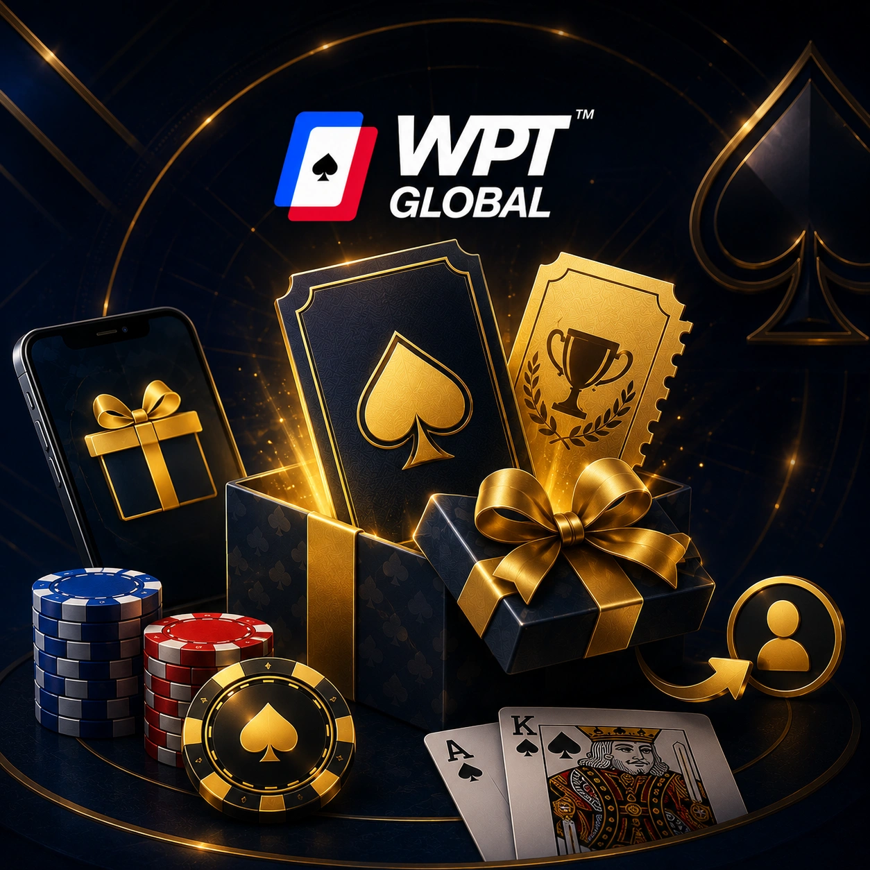 WPT Global promo code concept with a gift box, bonus tickets, poker chips, playing cards, smartphone and referral icon.