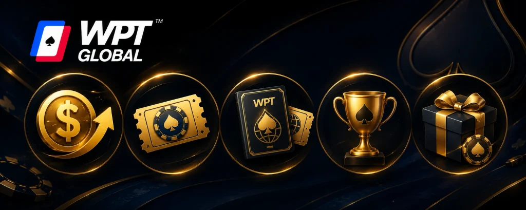 WPT Global promo rewards with deposit match, Spins ticket, Passport ticket, trophy and gift.